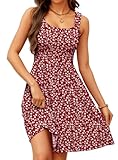 Oyamiki Women's Floral Dress A Line Square Neck Flowy Beach Maternity Dresses Sleeveless Midi Summer Sundress Red M
