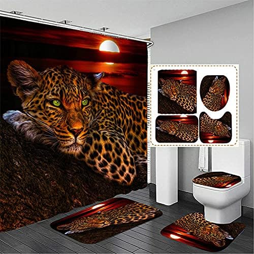 Leopard Cheetah 4pcs Shower Curtain Set - Waterproof African Bathroom Decor Accessories (1 Animal Print Curtain & 3 Rugs) - Easy Install w/12 Grommets & Hooks, Non-skid, Safe