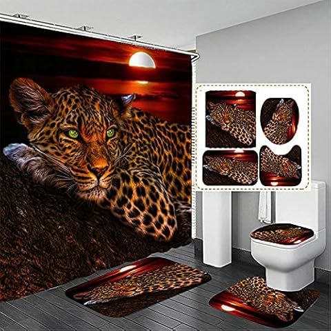 Leopard Cheetah 4pcs Shower Curtain Set - Waterproof African Bathroom Decor Accessories (1 Animal Print Curtain & 3 Rugs) - Easy Install w/12 Grommets & Hooks, Non-skid, Safe Cover
