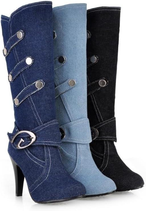Knee High Boots for Women Classic Denim Stiletto Tall Pointed Toe Heeled Boot Sexy Slip on Tall Boots Party Shoes