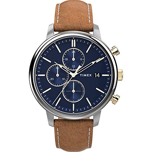Image of Timex Men's Chicago Chronograph 45mm Watch - Blue Dial Two-Tone Case with Brown Leather Strap