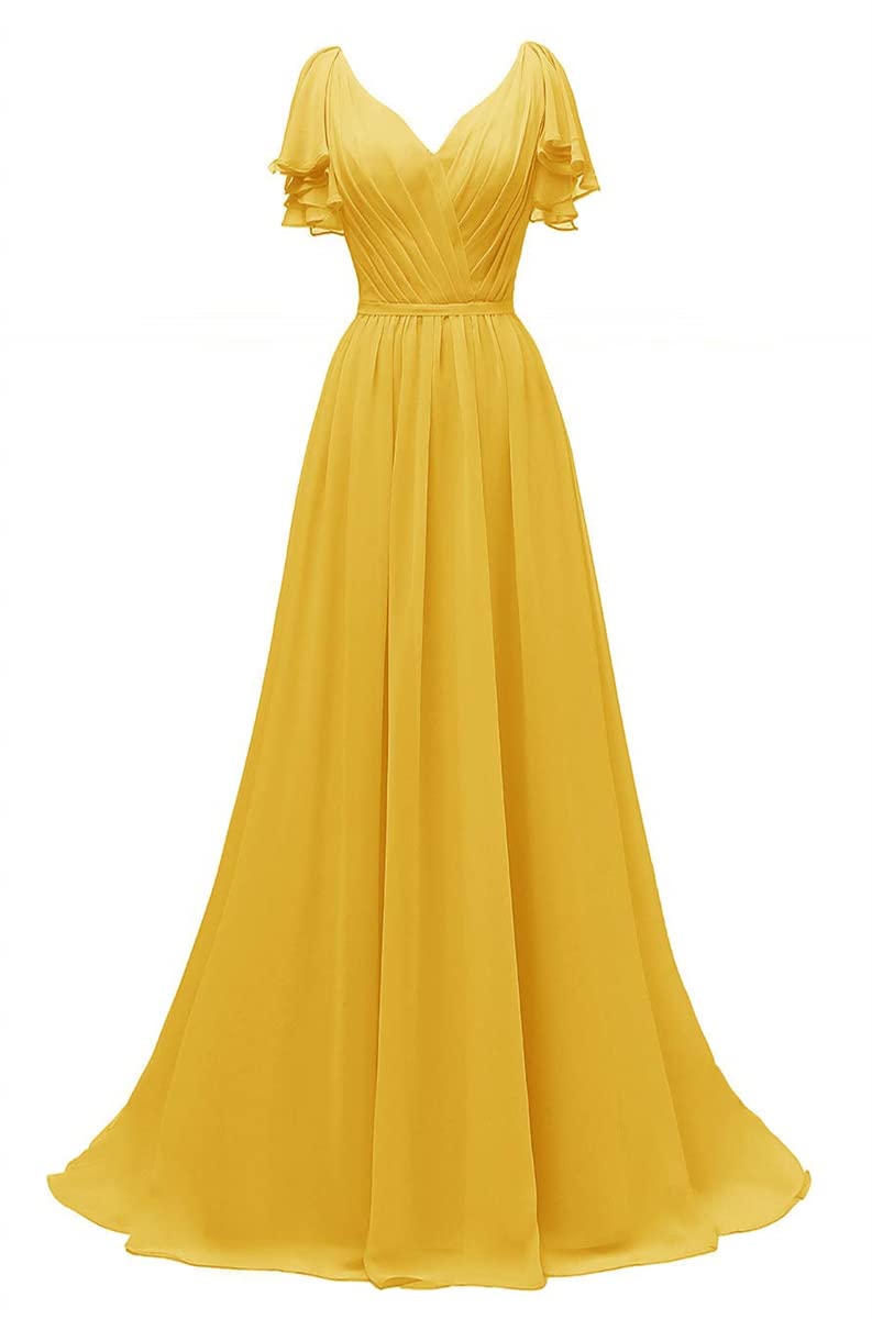 Wseyu Women's Mustard Yellow Chiffon Ruffle Sleeves Bridesmaid Dress Ruched Formal Evening Gown For