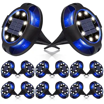 K.E.J. Solar Ground Lights Disk Lights 12 Pack 12 LED Solar Lights Outdoor Solar Garden Lights Solar Powered Waterproof In-Ground Lights Landscape Lights for Garden Lawn Pathway Walkway Deck Yard