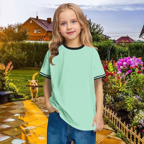 Boys Girls Short Sleeve T Shirts Kids Summer Cotton Basic Tee Crewneck Color Block Tops Fashion Blouses 3-13 Years3