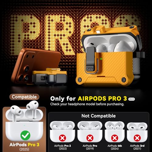 Image of Inesore for AirPods Pro 3 Case with Secure Lock (Yellow) | Phone Stand Design,Compatible with MagSafe,Automatic Snap Switch Secure Cover Carbon Fiber Texture with Cleaner Kit