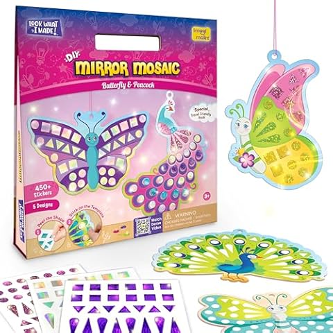 Imagimake Mirror Mosaic Butterfly & Peacock Kids Art Set | DIY Craft Kit | Foil Stickers for Kids | Birthday Gift for Girls and Boys Ages 3,4,5,6,7,8 | Mosaic Kit | 4 Year Old Girl Cover