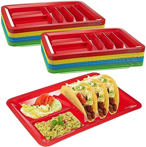 Uiifan 24 Pcs Plastic Taco Plates for Mexican Party Fiesta Taco Holder with 4 Stand up Holder and 2 Dipping Areas Colorful Taco Trays for Taco Night, Taco Tuesday Microwave Dishwasher Safe