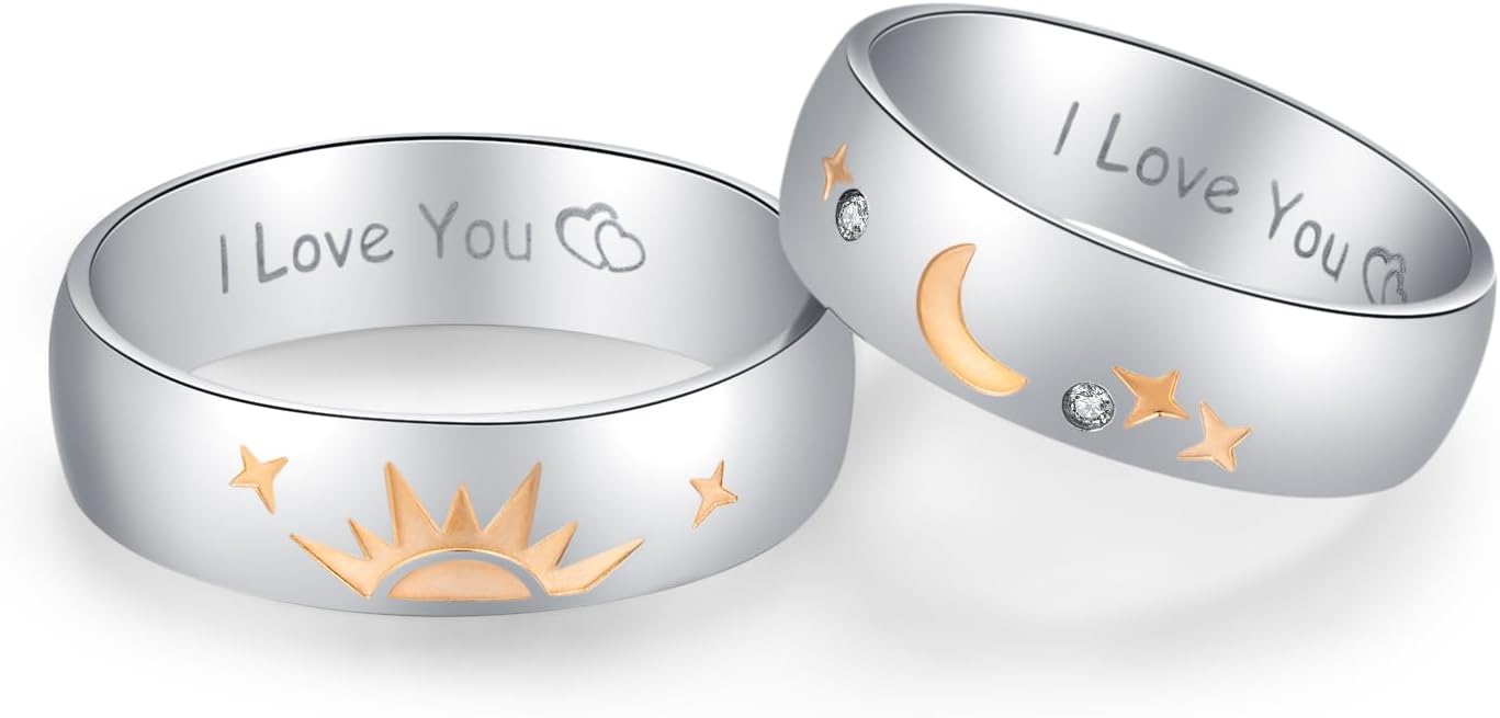 LAVUMO Promise Rings for Couples Sun and Moon I Love You Matching Wedding Bands for him and her Stainless Steel Comfort Fit with Gift Box
