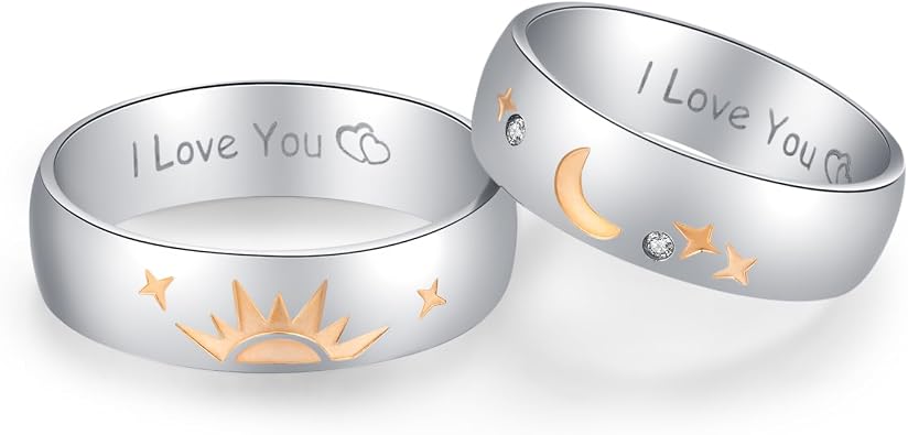 LAVUMO Promise Rings for Couples Sun and Moon I Love You Matching Wedding Bands for him and her Stainless Steel Comfort Fit with Gift Box