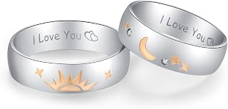 Promise Rings for Couples Sun and Moon I Love You Matching Wedding Bands for him and her Stainless Steel Comfort Fit with Gift Box