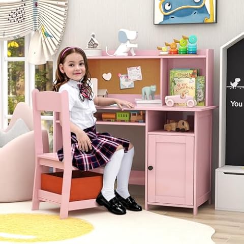 TaoHFE Pink Toddler Table and Chair Set,Wooden Kids Table and Chairs for Studying and Crafting, Kids Desk with Storage Kids Bedroom Furniture, Kids Table as Wonderful Gifts for Girls, Pink Cover