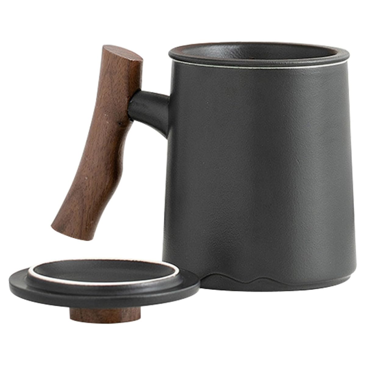 DECHOUS Taza de Cerámica Negra de 360ml Diseño Elegante con Filtro Incorporado y Tapa con Mango de Madera para Infusiones en Diversas Ocasiones