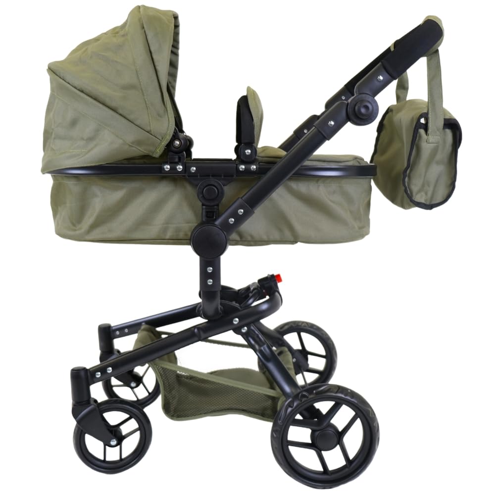 Bandits & Angels Puppenwagen Grün Modern Angel 2in1 Retro Grün ab 3 Jahren – Puppenbuggy – Für Mädchen – Verstellbarer Schieber 48-81 cm – Komplett zusammenklappbar – Mit Einkaufskorb