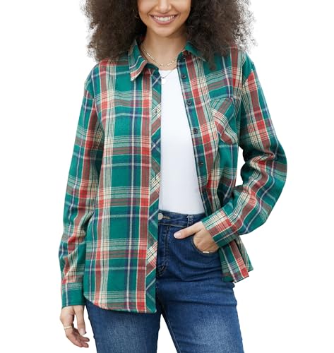 Image of SANGTREE Women and Girls Long Sleeve Flannel Casual Button Down Plaid Shirt