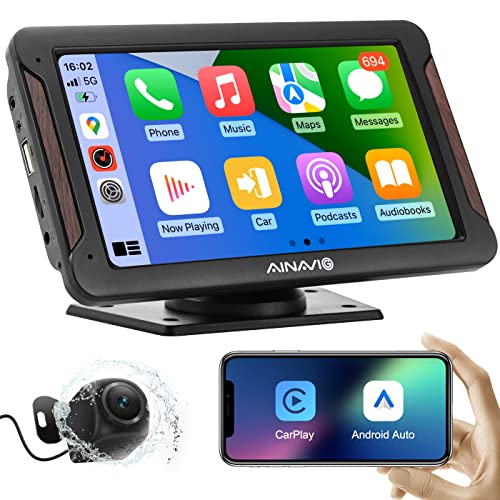 AINAVIGO Portable Car Radio with Apple Carplay & Android Auto, Wireless Car Play 7'' Touch Screen Car Stereo with Bluetooth and Backup Camera, GPS Navigation, Mirror Link, Multimedia Player for Car