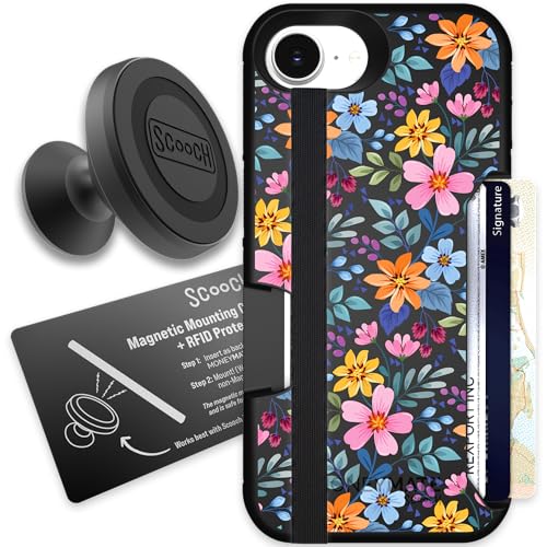 Scooch for iPhone 16e Case with Card Holder, Moneymate Wallet Case with Card Slot and Protection for 4 Cards, Drop Protection, Wingmount Bundle with Mounting Card, Full Bloom