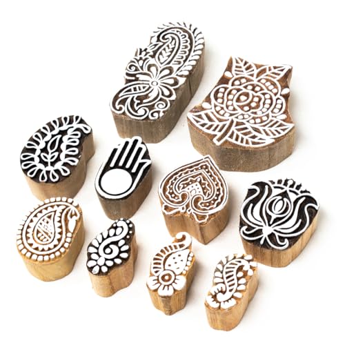 Image of Wooden Stamp Block, Printing Stamp Design Set | Block for Printing Saree Border | Dresses, Craft Card Making, Scrapbook, Clay Pottery | Set of 10