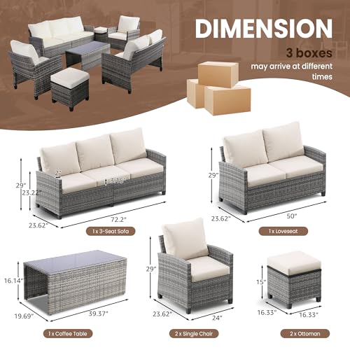 FHFO 7 Piece Patio Furniture Set, Outdoor Sectional Furniture Wicker Conversation Sofa Set, Includes 3-Seater Sofa, Loveseat, Single Sofa, Tempered Glass Coffee Table, Ottoman (Grey/Beige) - Image 3