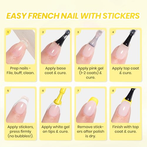 Image of Beetles French Gel Nail Polish Set, French Manicure Kit with Nude Yellow Gel Polish & 4 French Tip Nail Guide Stickers, Soak Off UV LED Gel Polish for DIY Sunshine French Nail Art