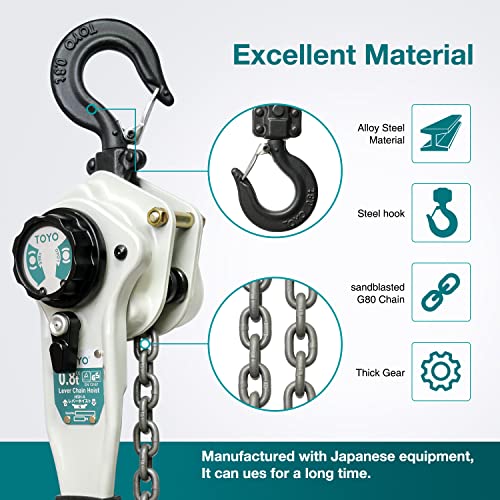 Image of TOYO Lever Chain Hoist 1750Lbs 10ft,Chain Come Along 0.8T 10Ft Ratchet Chain Puller Hoist Alloy Steel G80 Chain 2 Heavy Duty Hooks for Building Warehouse Automotive Garages Machinery (1750LB 10FT)