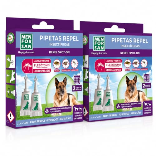 MENFORSAN Pack 2 blíster (4 Unidades en Total) Pipetas Anti-Insectos para Perros Grandes - con Margosa, Geraniol y Lavandino, contra Pulgas, Garrapatas y Mosquitos (Incluido Flebótomo)