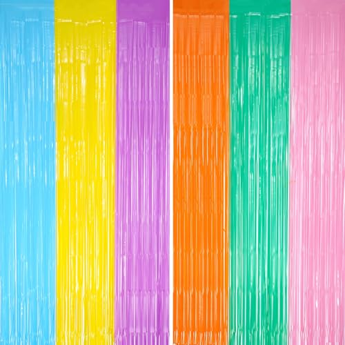 Image of DECOCKRAT 2 Pack Foil Fringe Backdrop - Pastel Combo Rainbow Shiny Tinsel Curtains for Party Decoration /Photo Booth Props - 3.3x6.6 FT Metallic Foil Backdrop for Birthday /Wedding /Graduation /Christmas