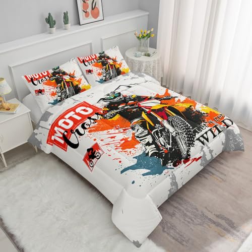 Image of Motocross Comforter Set Extreme Sports Printed Bedding Set with 1 Comforter and 2 Pillowcases for Boys and Girls Bedroom All Season(Motocross Queen)