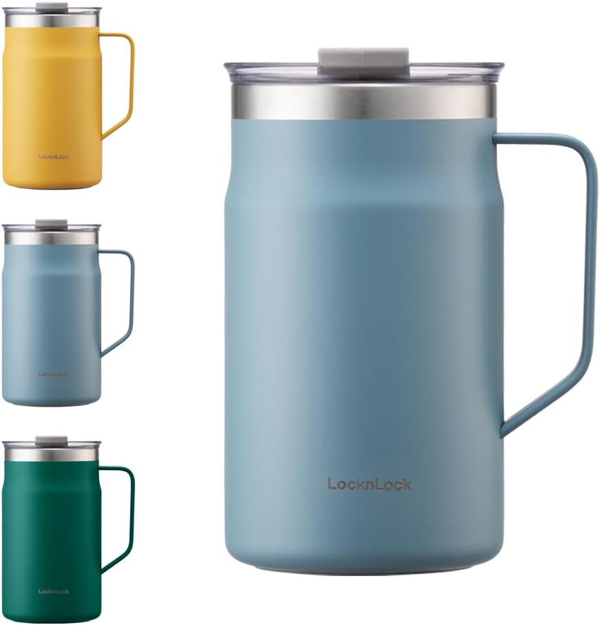 LocknLock Metro Mug Premium 18/8 Stainless Steel Double Wall Insulated with Handle Perfect for table with Lid, Blue, 20 oz