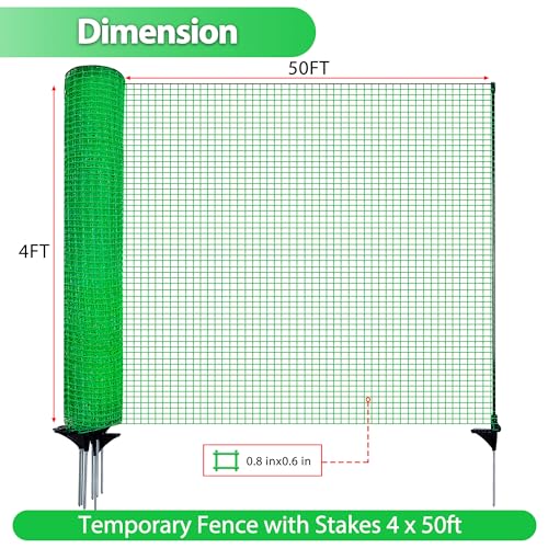 Image of Temporary Fence with Posts, 4'x50' Plastic Fencing Garden Fence Animals Barrier with Fiberglass Stake Windbreak Rope, Portable Snow Fences, Fencing for Dogs Outdoors Backyard (Green)