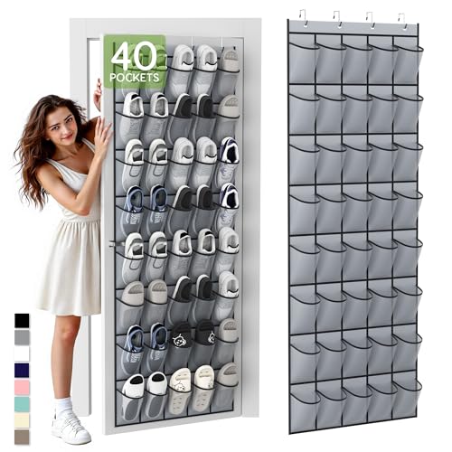 Unjumbly Over the Door Shoe Organizer with 40 Large Breathable Mesh Pockets, Space Saving Shoe Holder, Hanging Shoe Rack for Entryway Bedroom Closet Storage (Grey, 40 Pockets)