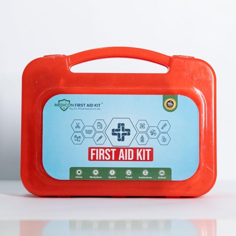 Image of MEDICON First Aid Kit - 56 Piece Emergency Medical Box (21 Items) - Compact Red Case for Home, Car, Office, Travel, Outdoor, Camping & Sports - Fully Packed with Essential First Aid Supplies