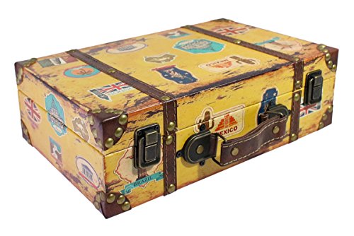 Vintage Decor 11.8" Wooden Antique Suitcase Trunk Case With Handle, Ideal For Home Decor, Shelf Showcase Display, Wedding Party Centerpiece Studio Photo Props - Yellow Sticker #TOP19