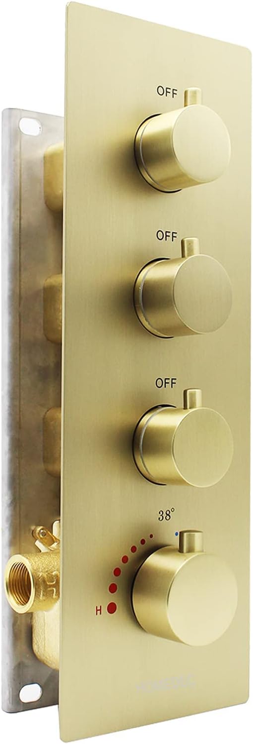 3 Function Shower Mixing Valve and Trim Kit, Brushed Gold 3 Ways Thermostatic Valve Flow Volume Control Vertical Shower Diverter Selector