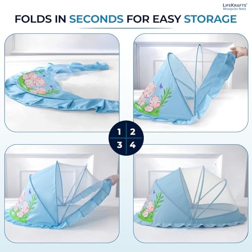 Image of LifeKrafts Foldable Bottomless Baby Mosquito Net | Cradle & Bed Net for Newborns & Infants (0-24 Months) | Breathable Mesh Protection | Baby Blue Elephant Design | 90 x 50 x 50 cm
