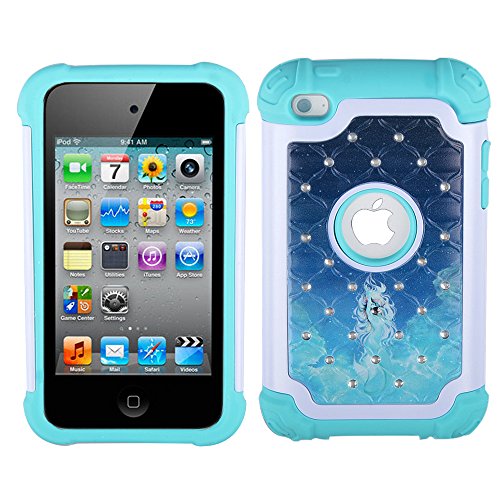 iPod 4 Case, iPod Touch 4 Case, MagicSky [Shock Absorption] Studded Rhinestone Bling Hybrid Dual Layer Armor Defender Protective Case Cover for iPod Touch 4th Generation (Mermaid)