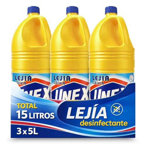 Lejia tradicional, Lejia Normal, Desinfectante Superficies, Uso en Baño, Cocina, Azulejos, Suelos, Aptas para desinfección de bebida y alimentos, Contiene 3 botellas de 5 Litros
