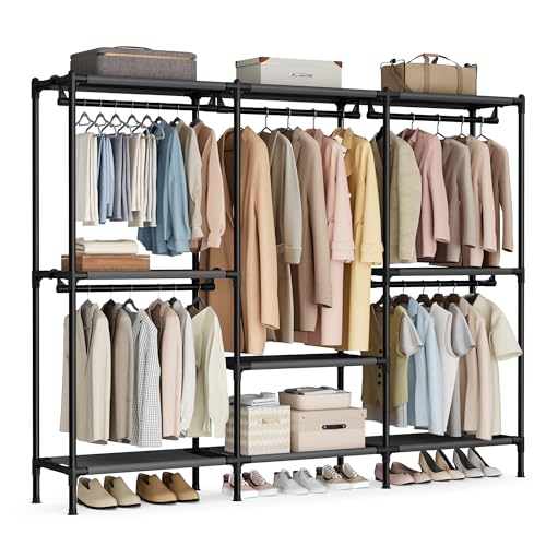 SONGMICS Clothes Rack, Portable Closet, Heavy-Duty Wardrobe Closet Organizer with Hanging Rails and Shelves, 79.9 Inches Tall, Total Load 297 lb, Easy Assembly, for Bedroom, Ink Black URDR212BZ01
