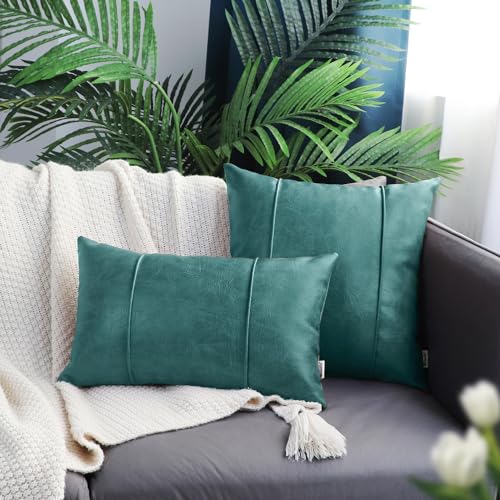 Image of BRAWARM Teal Leather Throw Pillow Covers 16 X 16 Inches - Faux Leather Pillow Cover with Piping, Hand Stitched Leather Throw Pillow for Couch Sofa Bed Living Room Home Decorative