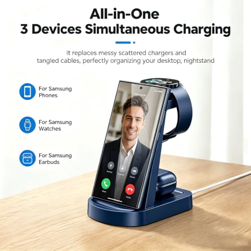 Image of Wireless Charging Station for Samsung /Android, Fast Wireless Watch Charger Station Compatible for Samsung Galaxy S26 Ultra /S25 /S24+ /Z Flip 7 /6 Fold 7 /6, Watch8 /7 /Pro /Active 2 Galaxy Buds3 /2 Pro(Blue)
