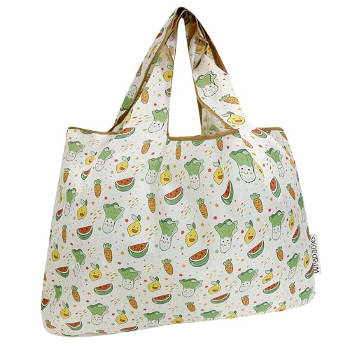 allydrew Large Foldable Tote Nylon Reusable Grocery Bags, Happy Food