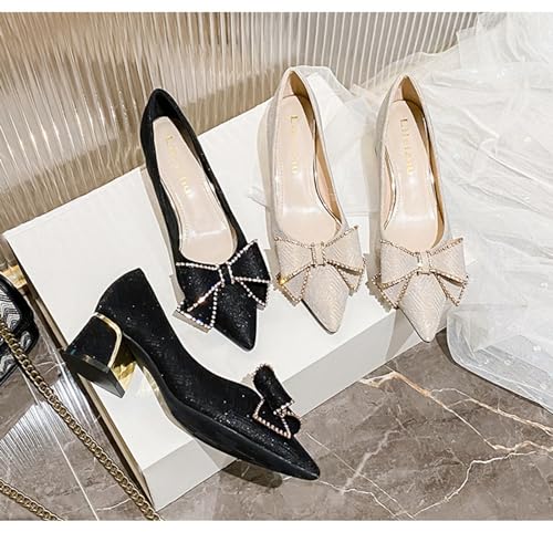 Women's Elegant Bow Low Chunky Heel Pumps Sexy Closed Pointed Toe Block Mid Heels Slip-On Formal Comfort Shoes for Weddings Proms.4