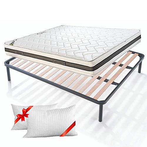 EvergreenWeb - Kit Somier y Colchón Matrimonial 135x190 h 20cm + 2 Almohadas Viscoelástica Gratis, Colchón en Resortes de Acero y Espuma Viscoelástica Rígido Extra Confort, Somier de Láminas (Madera)