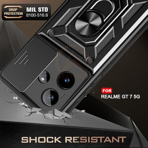Image of Armor Bumper Back Cover Case for Realme GT 7 5G / Realme GT 7T 5G / GT 7 Dream Edition Rotating Camera Cover, Ring Holder & Kickstand | Heavy Duty & 360 Degree Protection Back Cover (Black)