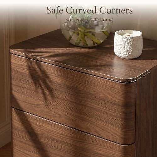 Image of Yechen Nightstands Set of 2 with 2 Push to Open Drawers Storage | Rounded Edges Bedside Table, 22'' Modern Wooden End Table, Sofa Table for Bedroom, Curved Profile, Walnut