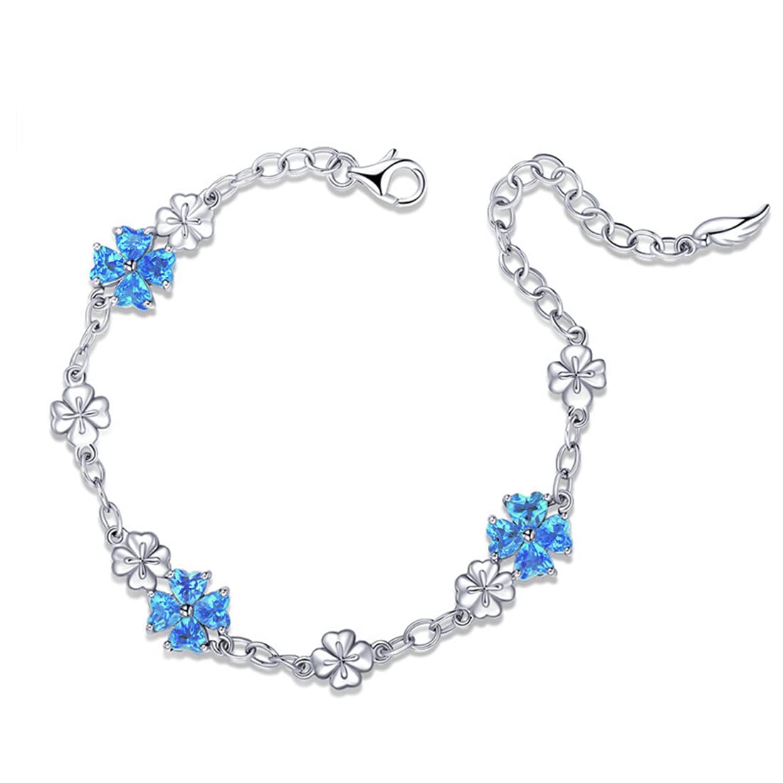 JIANGXIN Lucky Four leaf clover 925 Sterling Silver Birthstone Chain Link Bracelet for Women Gemstone Jewelry Shamrock Birthday Gift 16+4cm