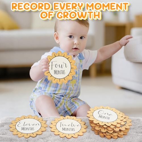 Image of Baby Monthly Milestone Signs - 13 Pack Wooden Baby Milestone Cards for 1-12 Months, Newborn Photography Props with Hello World Discs, Gender Neutral Baby Announcement for Boy Girl Age Shower Gifts