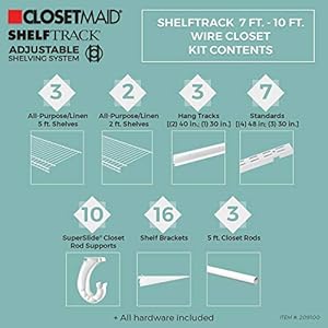 ClosetMaid ShelfTrack Wire Closet Organizer System Adjustable from 7 to 10 Ft, with Shelves, Clothes Rods, Hardware, Durable Steel, White, 7 ft ft ClosetMaid ShelfTrack Wire Closet Organizer System Adjustable from 7 to 10 Ft with Shelves Clothes Rods Hardware Durable Steel White 7 ft ft