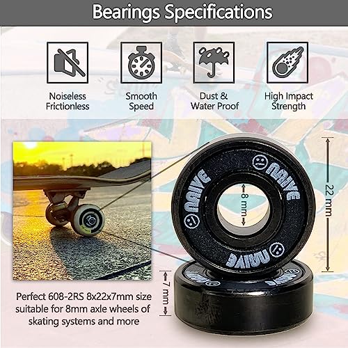 Naive Skateboard Bearings 8 Pack W Spacers, Lubed Dual Seals Set For 8Mm Axle Wheel Longboard,Cruiser,Surfskate,Inline & Roller Skates,Carry Cube Case,Black(10Mm Spacer,608-2Rs,8X22X7Mm) #TOP3
