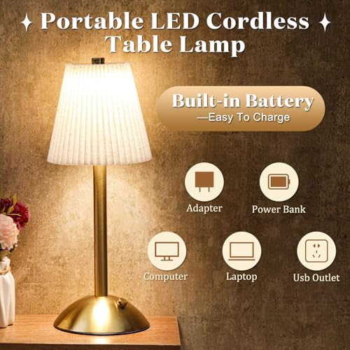 Image of Liliful 2 Pcs Cordless Table Lamp Rechargeable Touch LED Small Gold Portable Battery Operated USB-c Desk Lamp 3 Color Dimmable for Bedroom Living Room Dining (Gold,Linen Fabric)