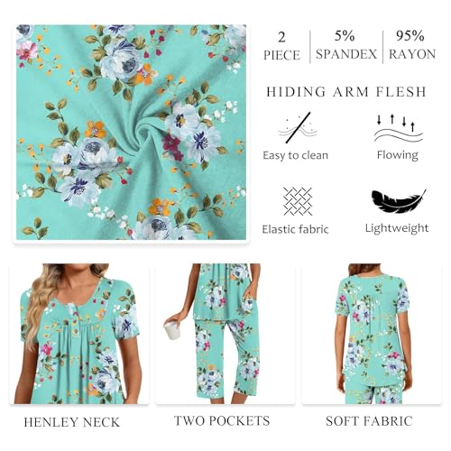 Image of Womens Summer Pajama Sets 2 Piece Short Sleeve Top and Capri Pants Plus Size Ladies Lounge Pjs Sets with Pockets